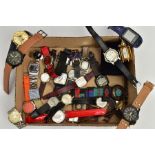 A BOX OF ASSORTED FASHION WRISTWATCHES, to include quartz watches, digital watches, with names to