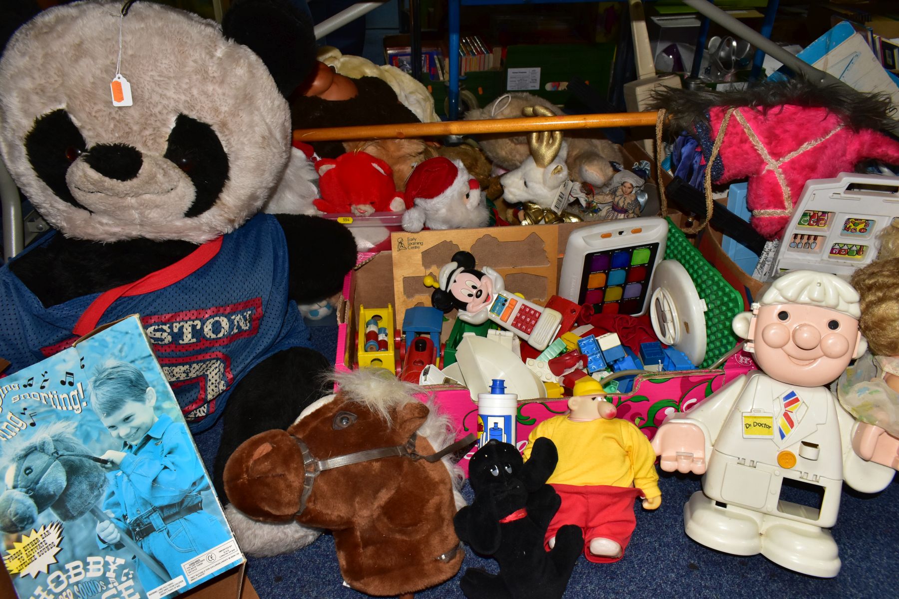 FIVE BOXES AND LOOSE OF SOFT TOYS, CHILDREN'S PLASTIC TOYS, HOBBY HORSES, ETC, including three