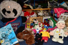 FIVE BOXES AND LOOSE OF SOFT TOYS, CHILDREN'S PLASTIC TOYS, HOBBY HORSES, ETC, including three