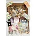 A BOX OF WORLD COINAGE, to include a royal mint boxed 2008 silver proof £1 coin, a bag of over 30-