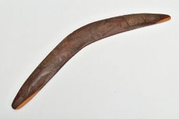 A 20TH CENTURY MULGA WOOD BOOMERANG, decorated with three kangaroos in relief against a chip