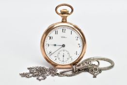 A WALTHAM POCKET WATCH AND WHITE METAL CHAINS, the pocket watcgh with a round white dial signed '