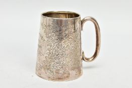 A SILVER CHRISTENING CUP, tapered form, engraved with a floral and foliate design, personal