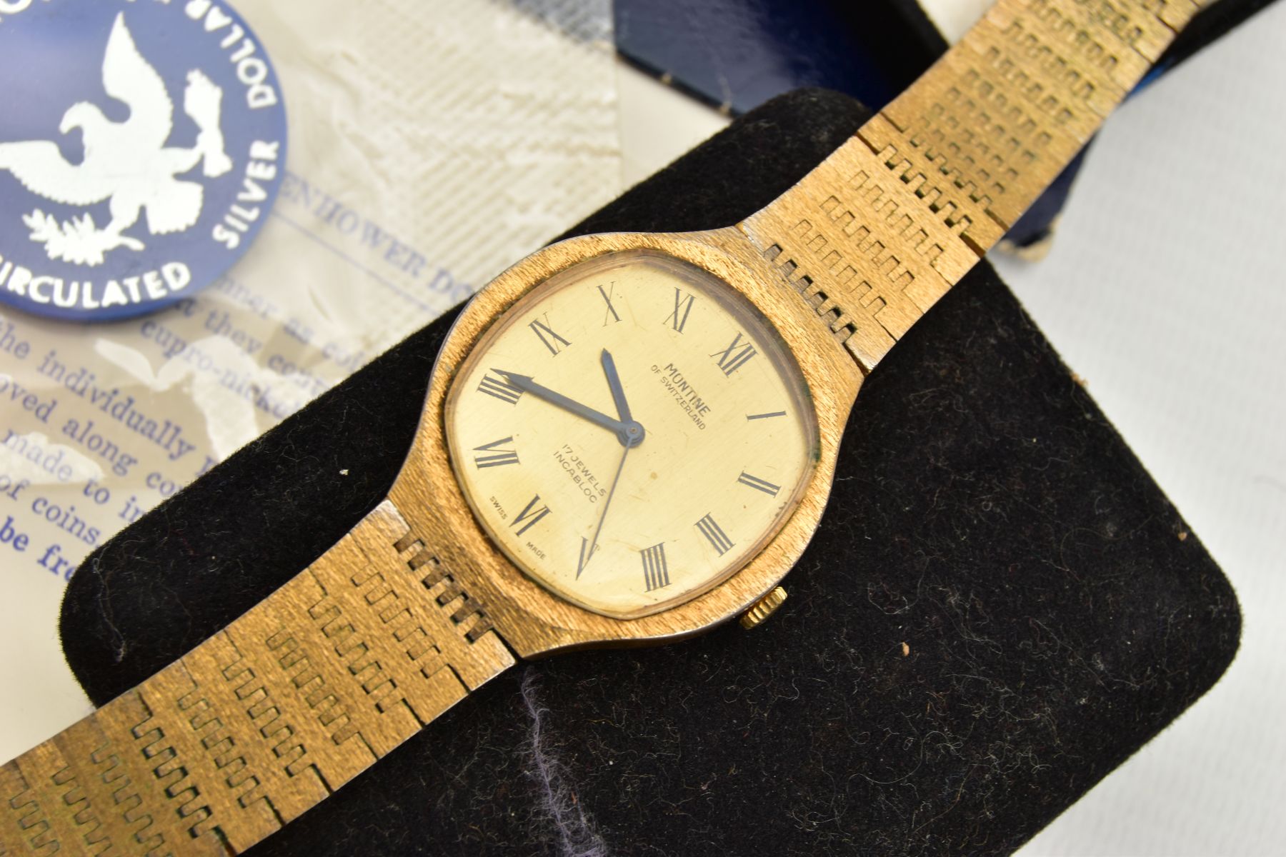 A MONTINE WRISTWATCH AND ADDITIONAL ITEMS, a hand wound movement, gold coloured face Montine of - Image 2 of 5