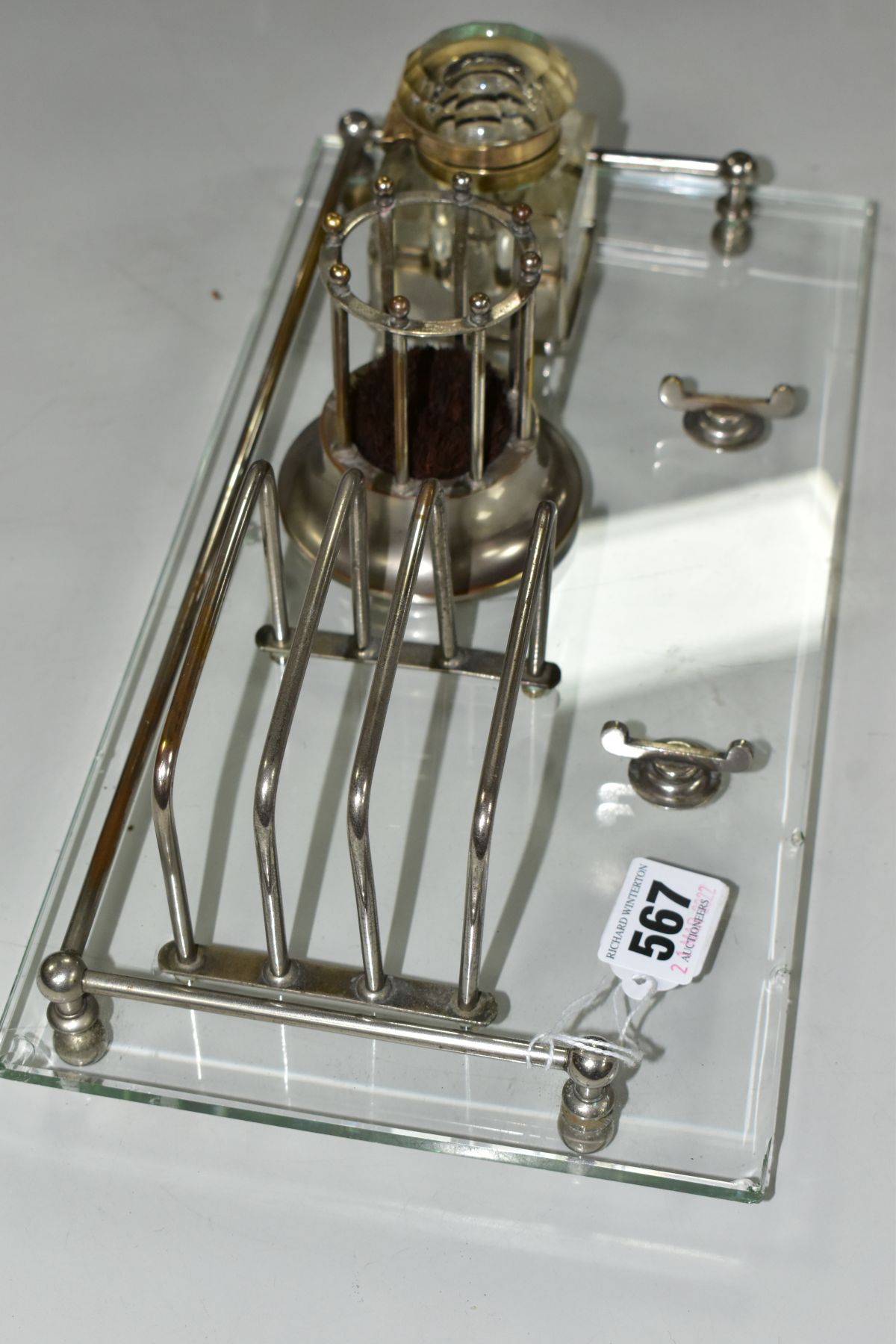 AN EARLY 20TH CENTURY GLASS AND CHROMED METAL DESK STAND OF RECTANGULAR FORM, fitted with a pen - Image 2 of 6