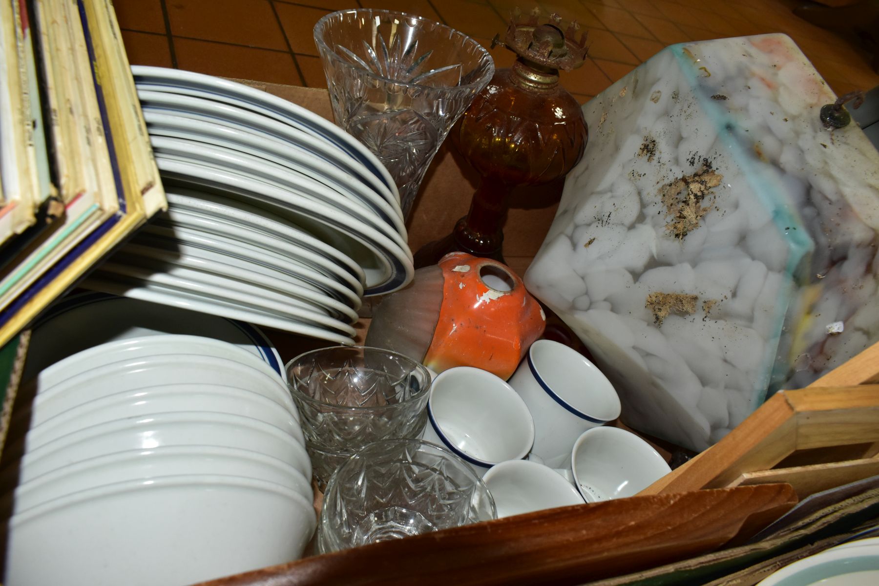 FOUR BOXES OF CERAMICS, GLASS AND LP RECORDS ETC, to include twelve Royal Doulton 'Sarabande' dinner - Image 5 of 7