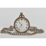 A SILVER ALBERT CHAIN AND POCKET WATCH, a long chain fitted with a dog clip, approximate length