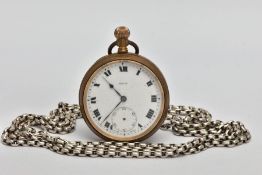 A SILVER ALBERT CHAIN AND POCKET WATCH, a long chain fitted with a dog clip, approximate length