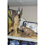 TWO STUDIO POTTERY BIRDS OF PREY FIGURES, A ROYAL CROWN DERBY MEAT PLATE AND A BOXED AYNSLEY CAKE