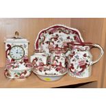 SEVEN PIECES OF MASONS IRONSTONE MANDALAY RED PATTERN WARES, comprising a quartz mantel clock (