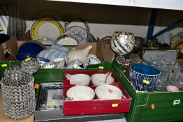 FOUR BOXES AND LOOSE CERAMICS AND GLASS ETC, to include a boxed Royal Crystal Rock gift set of a