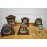 SIX VARIOUS CLOCKS, of various styles, materials and ages, to include three domed mantel clocks, two