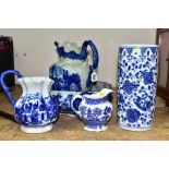 FIVE PIECES OF BLUE AND WHITE CERAMICS, comprising a Victoria Ware Ironstone wash basin (chipped and