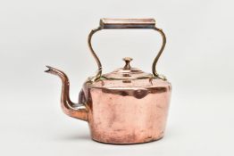 A VICTORIAN COPPER KETTLE OF OVAL FORM, height to top of handle 24cm (Condition report: a number