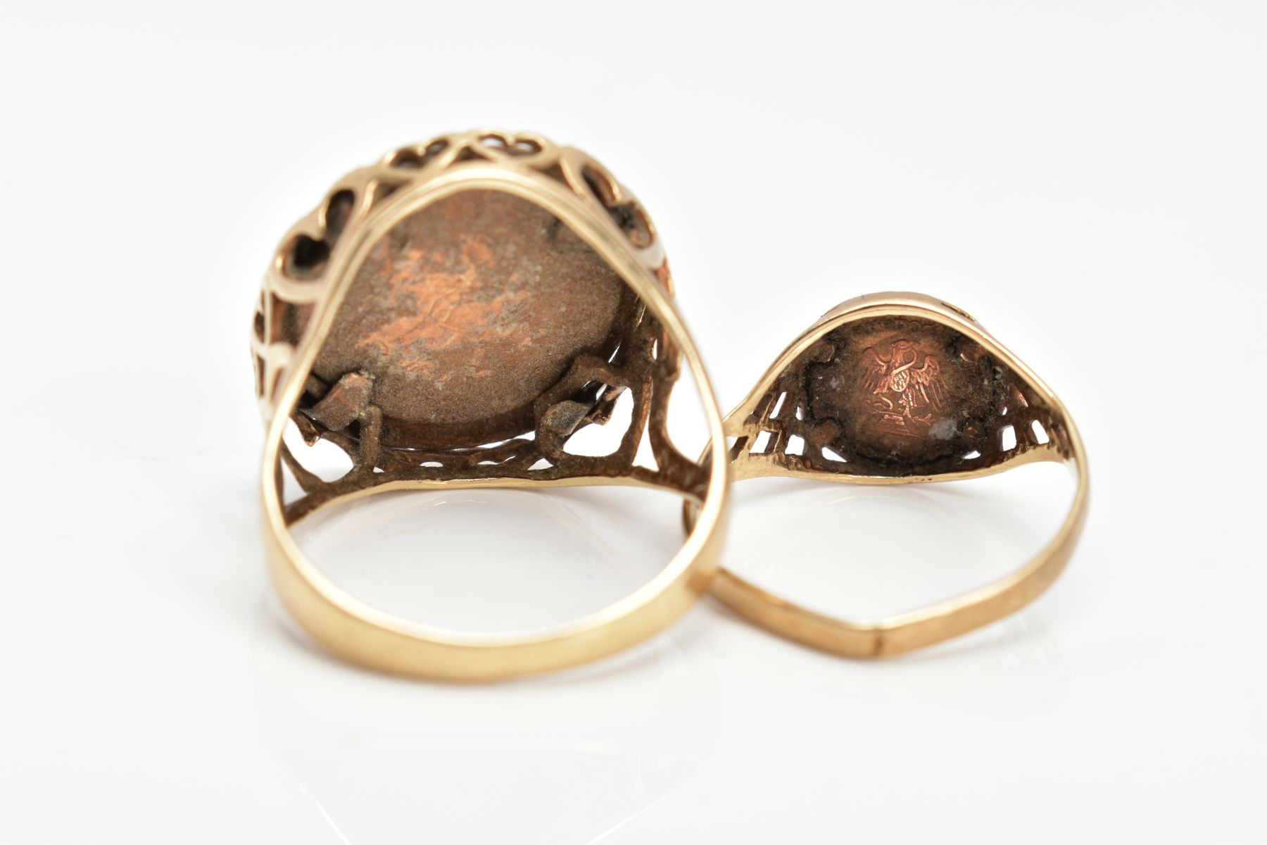 TWO 9CT GOLD COIN RINGS, both with pierced detail to the shoulders, one set with an imitation - Image 4 of 5