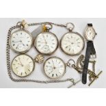 FIVE SILVER POCKET WATCHES AND A WRISTWATCH, an open face pocket watch, signed 'A.Lashmore Owestry',