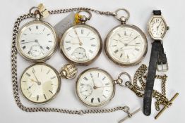 FIVE SILVER POCKET WATCHES AND A WRISTWATCH, an open face pocket watch, signed 'A.Lashmore Owestry',