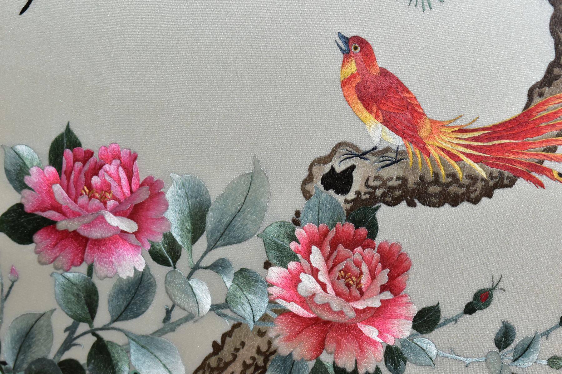 THREE CHINESE SILK EMBROIDERY PICTURES, depicting exotic birds, cranes, ducks and flowers, signed - Image 3 of 9