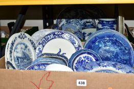 TWO BOXES OF BLUE AND WHITE CERAMICS, to include a Delft Blauw Chemkefa charger depicting a rural