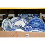 TWO BOXES OF BLUE AND WHITE CERAMICS, to include a Delft Blauw Chemkefa charger depicting a rural