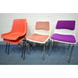 TWO HILLE INTERNATIONAL WHITE PLASTIC SCHOOL CHAIRS, and two red plastic school chairs (4)