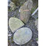 A RED SANDSTONE CARVING OF A WINDSWEPTH BEARDED MANS FACE, height 48cm, a small sandstone grave