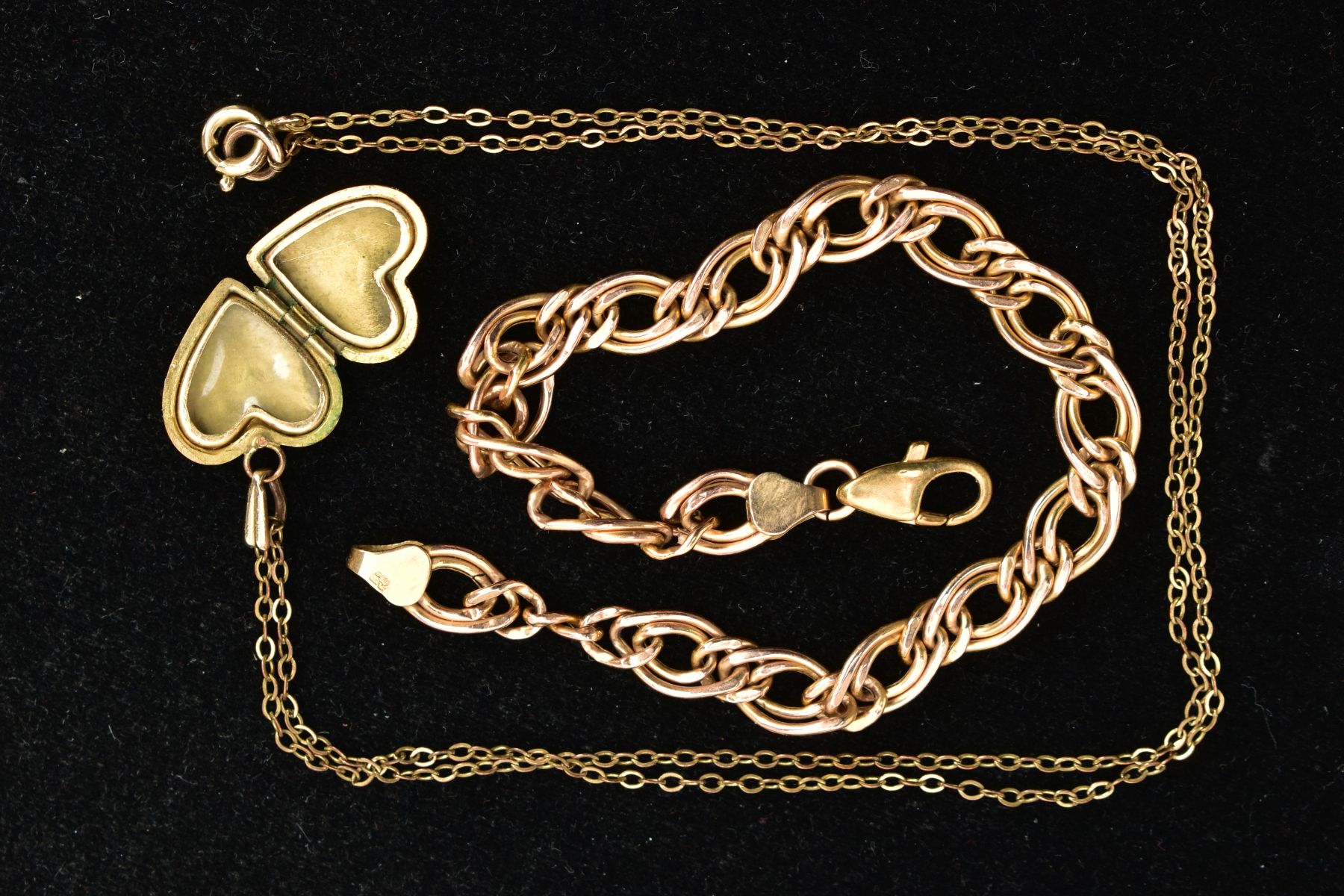 A 9CT GOLD BRACELET AND A HEART LOCKET PENDANT NECKLACE, the double curb link bracelet, fitted - Image 2 of 2