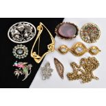 A BAG OF ASSORTED COSTUME JEWELLERY, to include a white metal marcasite floral brooch very rubbed