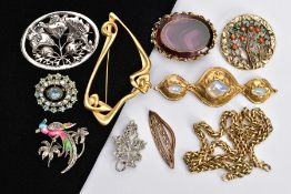 A BAG OF ASSORTED COSTUME JEWELLERY, to include a white metal marcasite floral brooch very rubbed