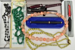 A BOX OF ASSORTED ITEMS, to include a selection of beaded gem necklaces and an assortment of pens,