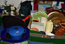 FOUR BOXES COOKWARES, CDS AND SUNDRY HOUSEHOLD ITEMS, to include a light blue Le Creuset casserole