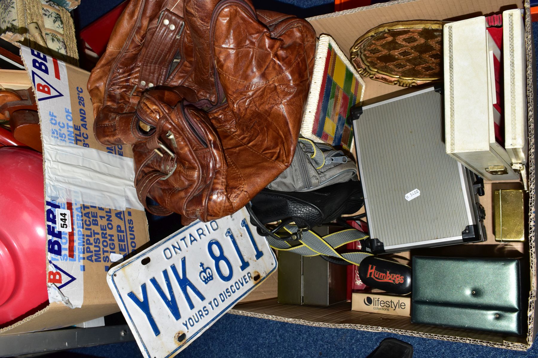 FOUR BOXES AND LOOSE CERAMICS, TREEN, BOOKS, BAGS, ETC, including African carvings, metal light - Image 3 of 8