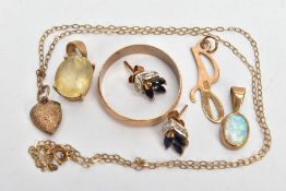 A SELECTION OF 9CT GOLD AND YELLOW METAL JEWELLERY, to include a yellow gold opal pendant,