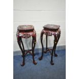 A PAIR OF ORIENTAL STAINED HARDWOOD JARDINERE STANDS, inlaid with chinoiserie mother of pearl