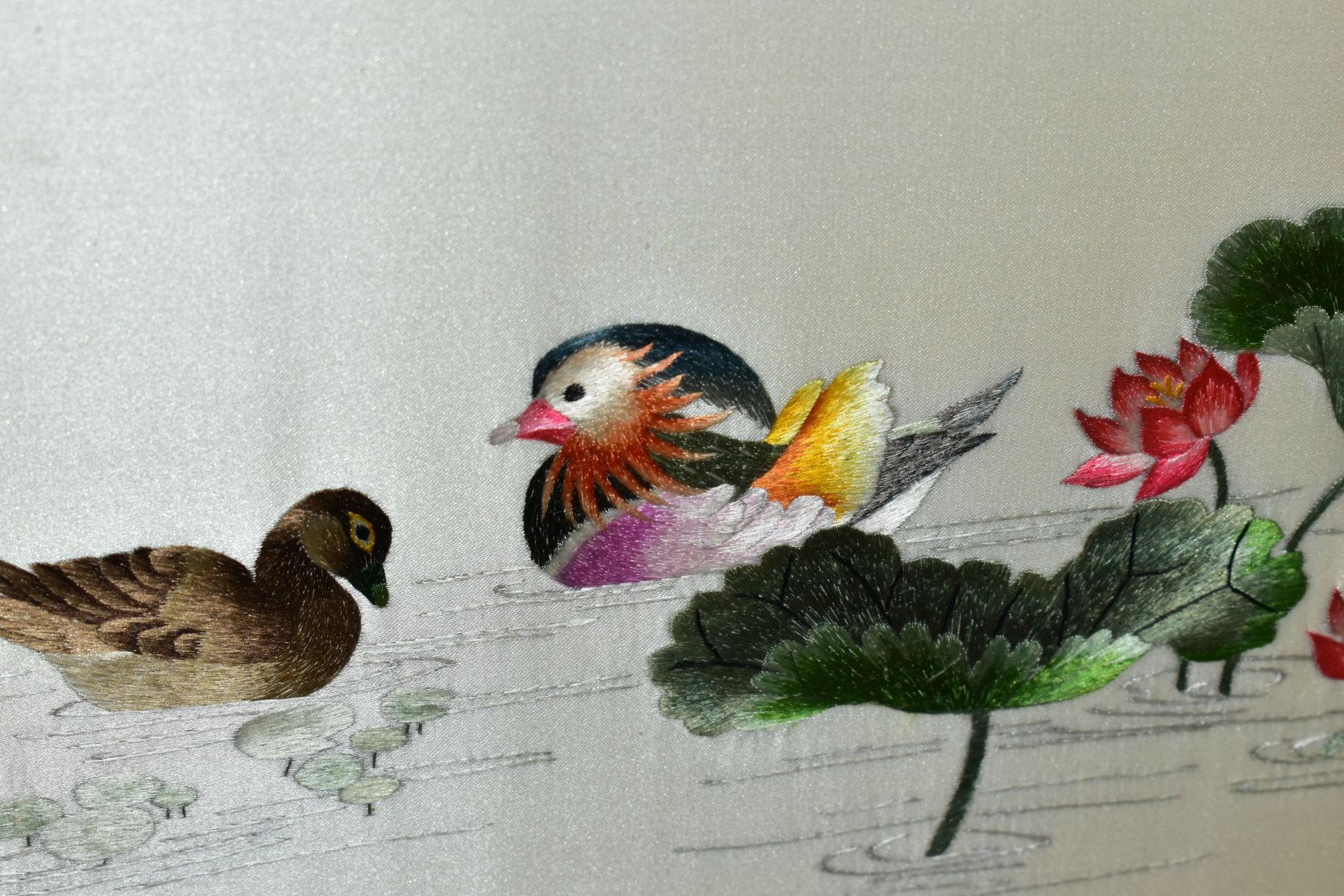 THREE CHINESE SILK EMBROIDERY PICTURES, depicting exotic birds, cranes, ducks and flowers, signed - Image 9 of 9