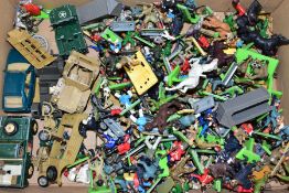 A BOX CONTAINING A QUANTITY OF PLAYWORN BRITAINS PLASTIC SOLDIERS AND VEHICLES ETC, together with