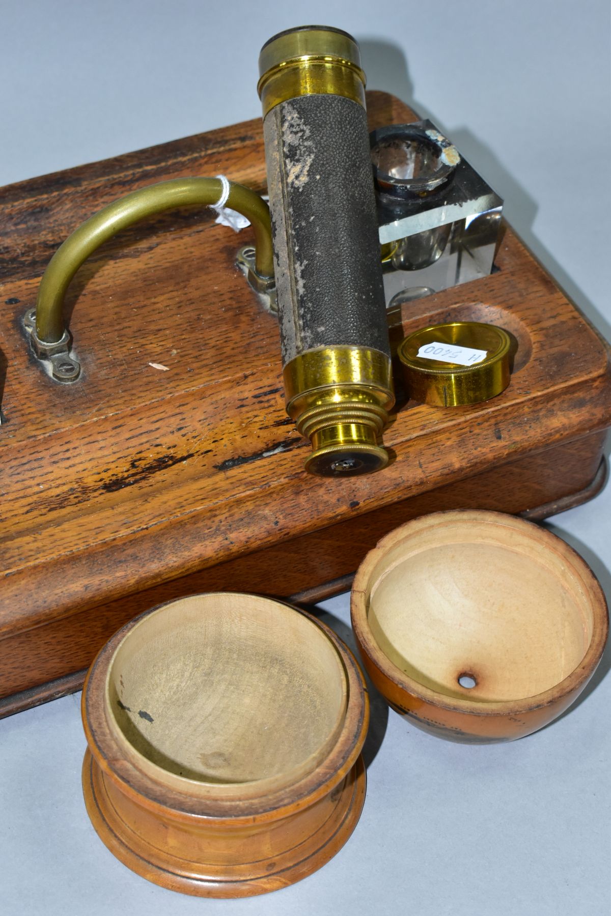 A VICTORIAN OAK INKWELL STAND WITH DRAW, together with a Mauchline ware string dispenser for J R - Image 9 of 9
