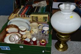 THREE BOXES AND LOOSE OIL LAMP, CERAMICS, BOOKS, GLASS AND METALWARES, to include a brass Duplex oil