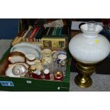 THREE BOXES AND LOOSE OIL LAMP, CERAMICS, BOOKS, GLASS AND METALWARES, to include a brass Duplex oil