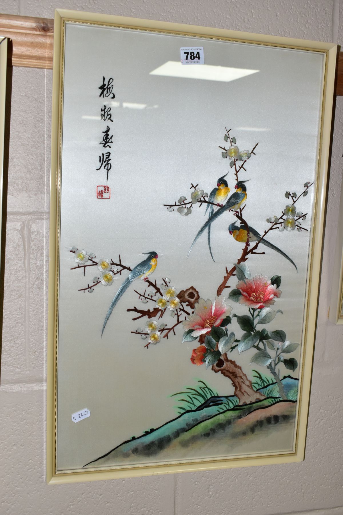 THREE CHINESE SILK EMBROIDERY PICTURES, depicting exotic birds, cranes, ducks and flowers, signed - Image 4 of 9