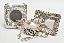 A SILVER MUSTARD, TRAY AND MINIATURE PHOTOFRAME, an early 20th century mustard with a pierced