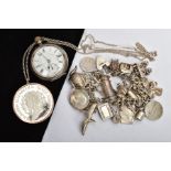 A SILVER CHARM BRACELET, SILVER MOUNTED COIN AND SILVER POCKET WATCH, a heart padlock double curb