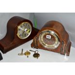 TWO EARLY 20TH CENTURY DOME TOPPED MANTEL CLOCKS, comprising an Enfield walnut, inlaid and painted 8