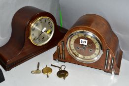 TWO EARLY 20TH CENTURY DOME TOPPED MANTEL CLOCKS, comprising an Enfield walnut, inlaid and painted 8