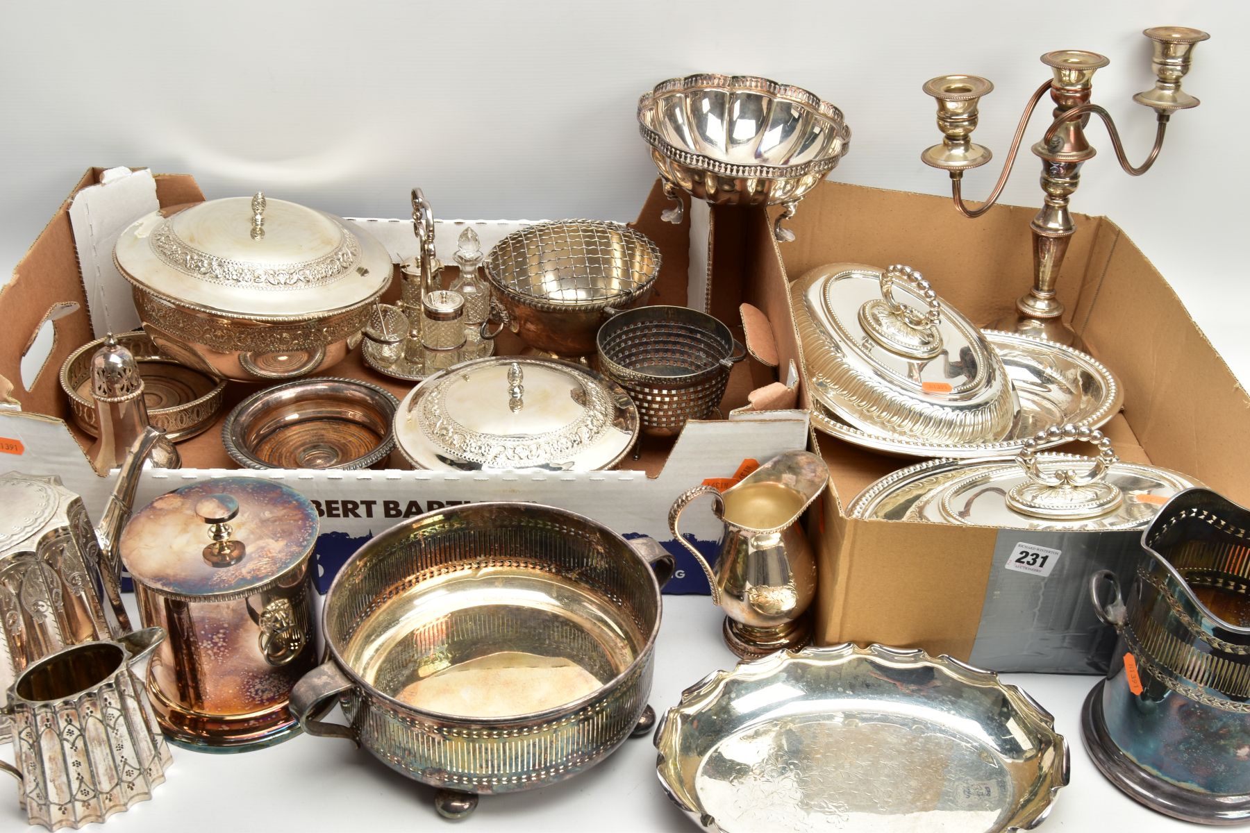 TWO BOXES OF WHITE METAL WARE, to include two circular entree dishes with covers, two oval entree