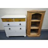 A VICTORIAN PAINTED PINE CHEST OF TWO SHORT AND THREE LONG DRAWERS, later handles, on turned legs,