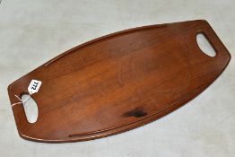 A 1960s DANSK TEAK TRAY, designed by Jens Quistgaard, an oval two handled tray, with side rails