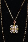 A 9CT GOLD GEM SET PENDANT NECKLACE, the pendant set with four colourless oval cut topaz and five