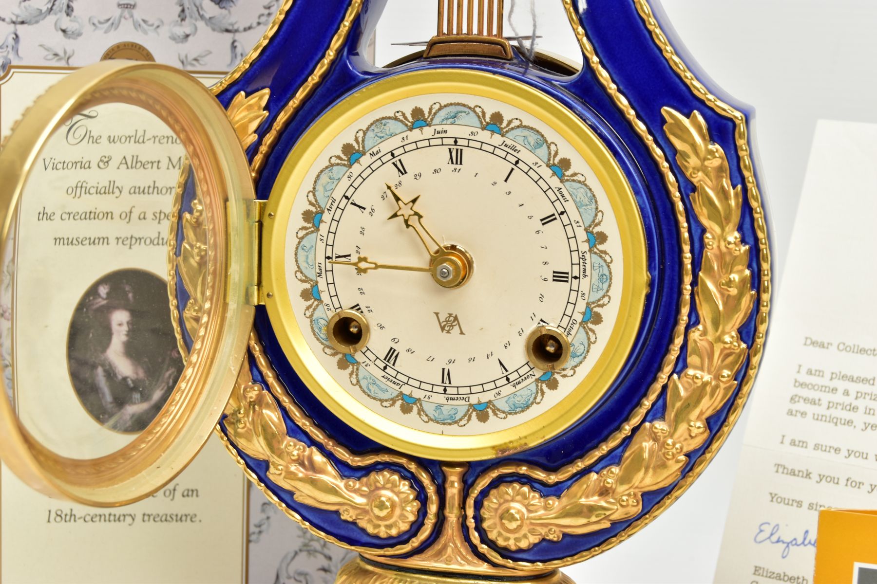 A MARIE-ANTIONETTE PORCELAIN CLOCK, a Victoria and Albert museum repoduction mantle clock, cobalt - Image 3 of 6