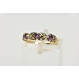 A 9CT GOLD AMETHYST AND DIAMOND RING, half eternity style ring, set with three circular cut
